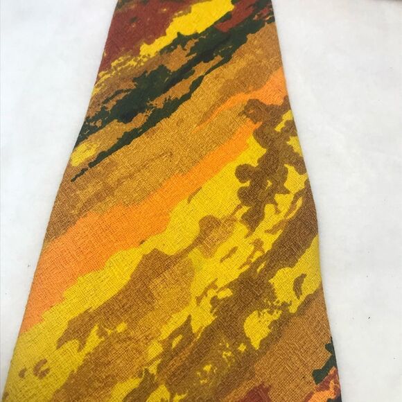 Vintage Hawaiian Bark Cloth Retro 60s 70s Neck Tie abstract Brown Orange Yellow - Picture 3 of 7